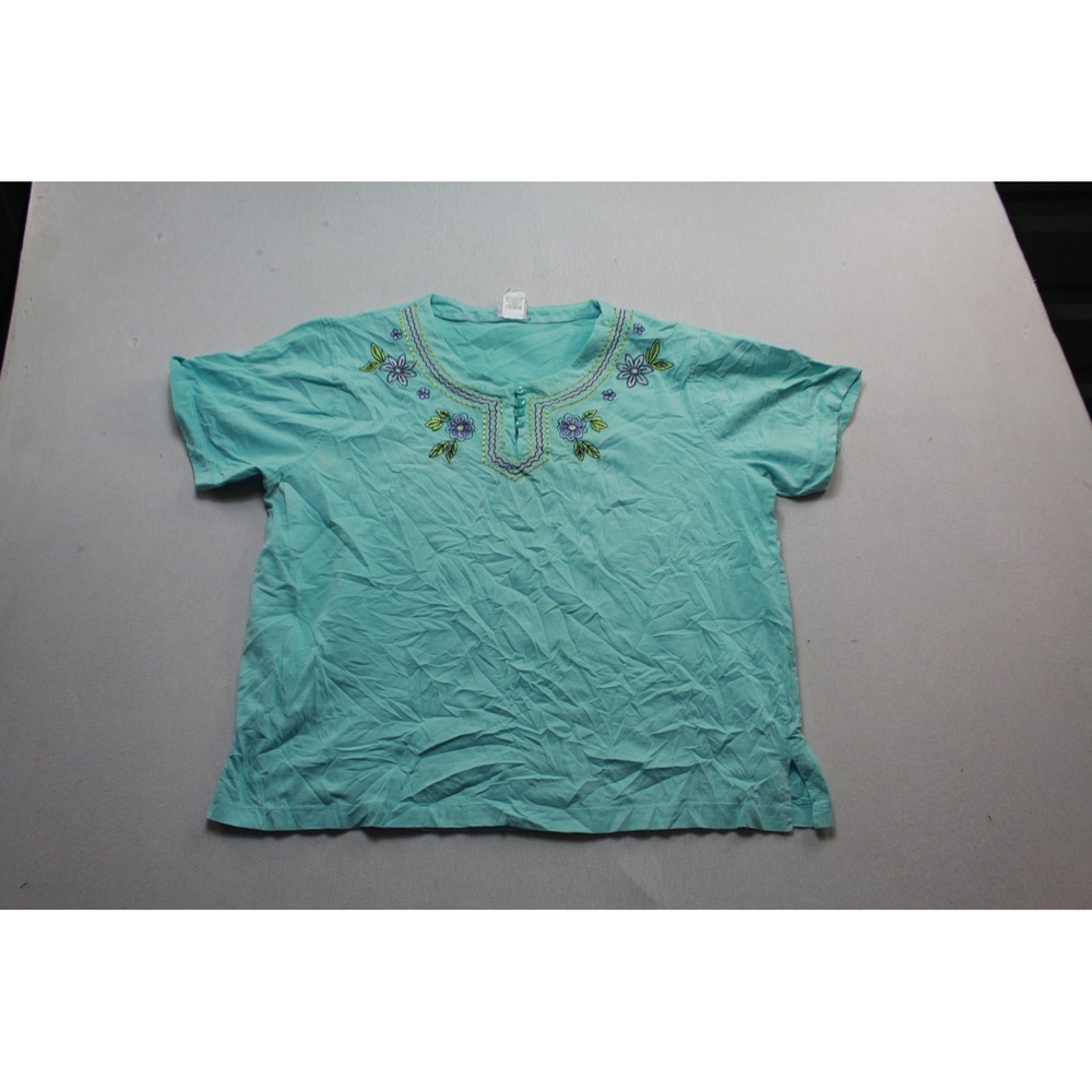 Adrian Delafield Embroidered Top Women Large Turquoise Excellent Short Sleeve